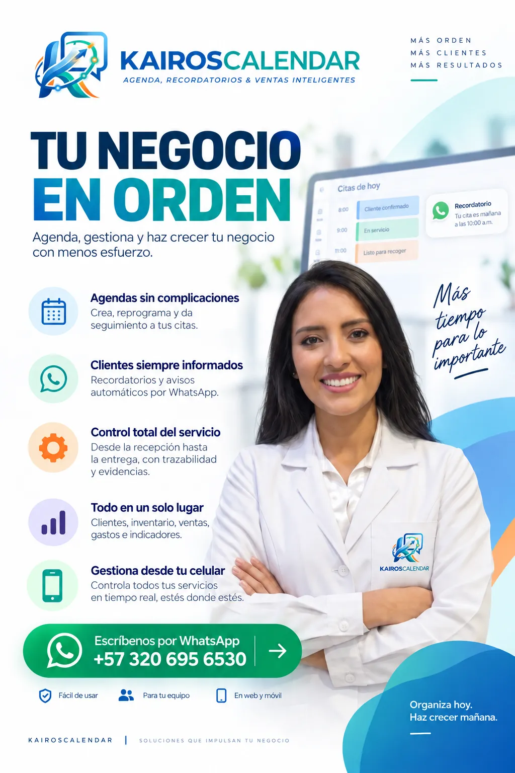 Folleto de Kairos Calendar: agenda, recordatorios y ventas inteligentes con control total del servicio