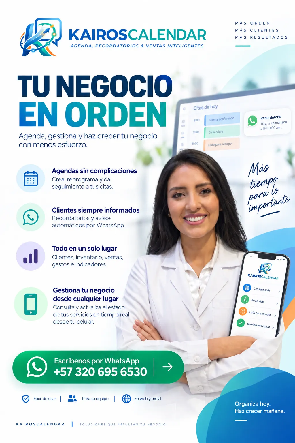 Folleto de Kairos Calendar: tu negocio en orden, agendas sin complicaciones, clientes informados por WhatsApp y gestión desde el celular